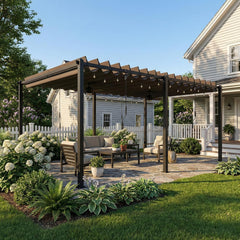 Outsunny Pérgola de Jardín 3x5,7 m, Cenador de Jardín con Techo de Lamas Ajustable a 90°, Manivela, Estructura de Aluminio, Protección UPF50+,