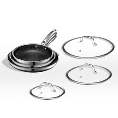 6-Piece Hybrid Stainless Steel Pan Set with Glass Lids, 8-Inch, 10-Inch and 12-Inch, Black