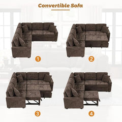 82.6 in. L Shaped Corded Velveteen Modern Sectional Sofa Pull-out Sleeper Sofa in. Brown with USB Ports, Power Sockets