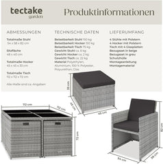 tectake Lounge Möbel Set 4X Stühle, 4X Hocker, 1x Tisch, platzsparende Cube Aufbewahrung, Outdoor Rattan Gartenmöbel für Balkon, Garten und Terrasse,