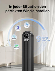 DREO DC Motor Turmventilator Leiser, 11M Windentfernung Ventilator mit Kühlung Fernbedienung, 9 Stufen 4 Modi, 90° Oszillierender Stand Ventilatoren
