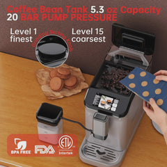Full Automatic Espresso Machine with Built-In Grinder & Milk Frother - FTF Touchscreen Coffee Maker for Latte/Cappuccino, 20 Bar Pressur & 1.5L...
