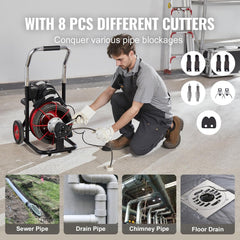 550W Drain Cleaning Machine, 100-Ft. x 1/2-Inch Sewer Snake Auger with 8 Cutters, Wheels and Foot Switch, for 2-4-Inch Pipes