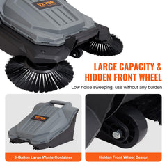 Walk-Behind Hand Push Floor Sweeper, 5-Gallon Waste Container, Manual Outdoor Sweeping Machine