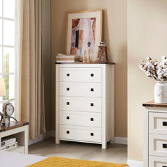 48 Inch Tall Farmhouse Wood Dresser, 5 Drawer Chest of Drawers for Bedroom