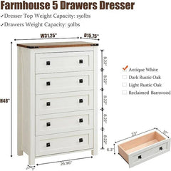 48 Inch Tall Farmhouse Wood Dresser, 5 Drawer Chest of Drawers for Bedroom