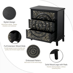 Farmhouse Fully Assembled Nightstand with 2 Drawers, Flower Motif End Table for Small Spaces