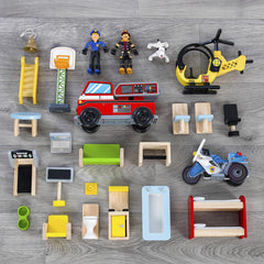 Wooden Kids Play Set, 3-Level Playset with 26 Accessories, Foldable Design for Easy Storage, Indoor Activity Toy