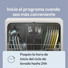 Candy CP 6E51LW Lavavajillas Pequeño y Compacto, 6 Servicios, Digital, 51DBA, 5 Ciclos, Media Carga, Inicio Diferido 3-6-9 horas, Indicador Sal y