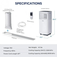 Aire Acondicionado Portátil 3 en 1 de 8000 BTU con Deshumidificador y Modo Ventilador