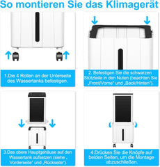 Klimagerät ohne Abluftschlauch, 14L 60W Klimaanlage Mobil mit 12H Timer, 3 Modus, 40dB, 120°Oszillation, Abnehmbare Wassertank, Fernbedienung, Leise