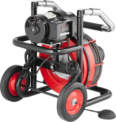 550W Drain Cleaning Machine, 100-Ft. x 1/2-Inch Sewer Snake Auger with 8 Cutters, Wheels and Foot Switch, for 2-4-Inch Pipes