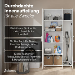 Bellamio Apol Mehrzweckschrank Weiß – Besenschrank 90 cm breit mit Stauraum – Putzschrank mit Staubsaugerfach – Vorratsschrank Küche - Aktenschrank
