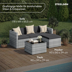 STEELSØN Zethora Rattan Gartenmöbel Set 3-TLG. – Outdoor Sitzgruppe für Garten/Terrasse/Balkon – Gartenlounge mit 3er-Sofa, Hocker & Tisch –