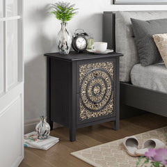Farmhouse Fully Assembled Nightstand with 2 Drawers, Flower Motif End Table for Small Spaces