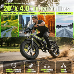 Bicicleta eléctrica plegable, batería extraíble 48 V 25 Ah, autonomía 110 KM, bicicleta eléctrica con neumáticos grasos 20" x 4, suspensión completa,