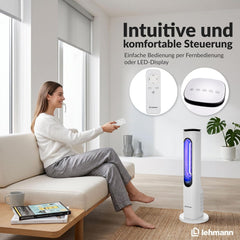 LEHMANN Turmventilator mit Fernbedienung & LED-Display, leiser Ventilator mit Schlafmodus, 15 h Timer, 3 Lichtfarben, 3 Modi, 3 Geschwindigkeiten,