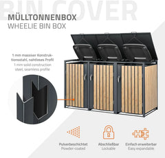 ML-Design Mülltonnenbox 3er 3 Tonnen 240L 200x80x116,3cm Anthrazit-Holzoptik, Stahl wetterfest/abschließbar Mülltonnenverkleidung Klappdeckel/3 Türen,