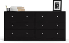 3-Pc Scandinavian Design Engineered Wood Bedroom Furniture Set with 3-Drawer Chest & 6-Drawer Double Dresser & 1-Drawer Nightstand, Pewter Plastic Handles, Smooth Plastic Glides, in Black