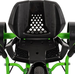 20-inch drift tricycle, with smooth lines and comfortable design, adjustable seat, sturdy steel frame, easy to operate, suitable for children over 8 years old, equipped with LED lighting and foot brakes, available in green and black colors.