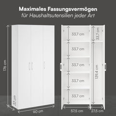 Bellamio Apol Mehrzweckschrank Weiß – Besenschrank 90 cm breit mit Stauraum – Putzschrank mit Staubsaugerfach – Vorratsschrank Küche - Aktenschrank