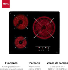 TEKA Placa Vitrocerámica 60 cm, 3 Fuegos, Touch Control, Función Stop & Go, Indicador de Calor Residual, Modelo TB 6315