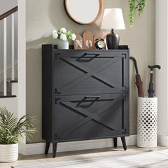 Shoe Storage Cabinet,Farmhouse Shoe Organizer with 4 Flip Drawers & Barn Door Design,Freestanding Hidden Slim Narrow Shoe Rack Cabinet for Entryway,Foyer,Hallway,Walnut