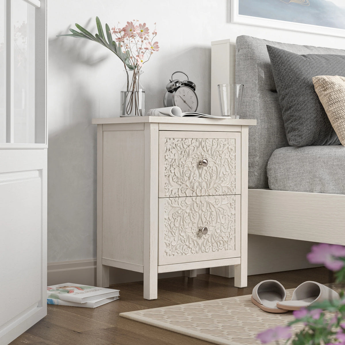 Farmhouse Fully Assembled Nightstand with 2 Drawers, Flower Motif End Table for Small Spaces