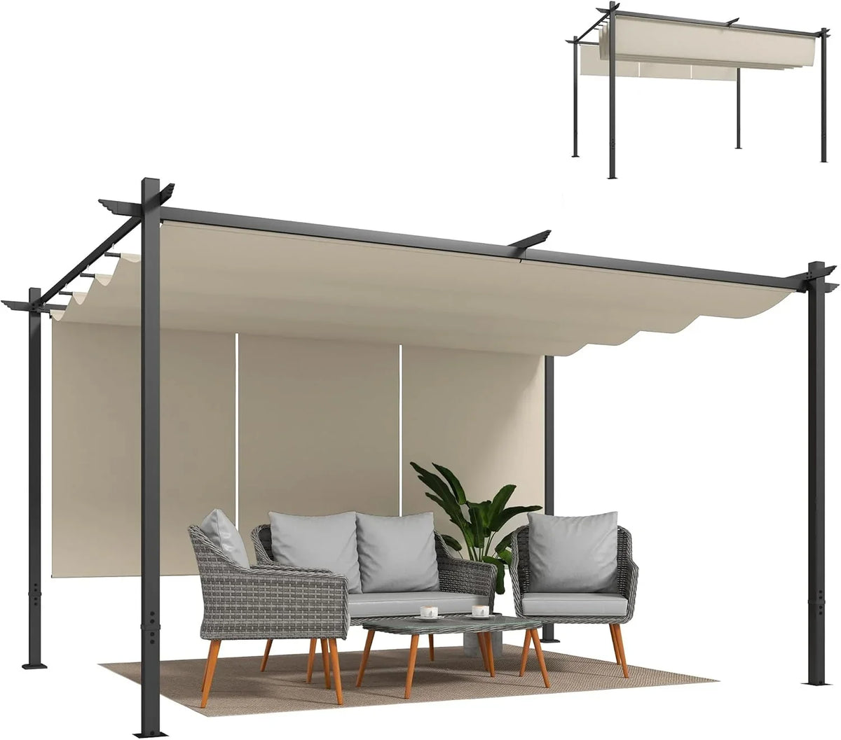 Outsunny Pérgola de Jardín 4x3 m con Techo Retráctil y 3 Laterales Enrollables, Cenador de Jardín Montado en Pared o Independiente, con UPF30+,