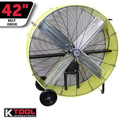 42′′ Belt Drive Drum Fan; Industrial, Garage, Shop, High Speed 2-Speed, Durable, Cut-Off Protection, Easy Mobility Rubber Wheels; SAFETY YELLOW.