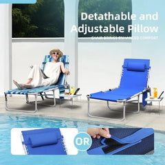 3-in-1 Outdoor Sun Tanning Lounge Chair with Face Hole �� 5-Position Recliner, Folding Side Table & Removable Pillow, 330lbs Capacity, Blue
