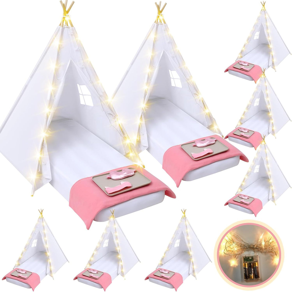 8-Pack Kids Teepee Tent Set for Sleepover Parties, White