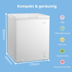 Comfee 198L Gefriertruhe, leise 37 dB, 4-Sterne-Gefrieren, Kühl-/Gefrier-Konvertierung (1–10°C / -24––12°C), 24‐h‐Schnellgefrierung 9kg,