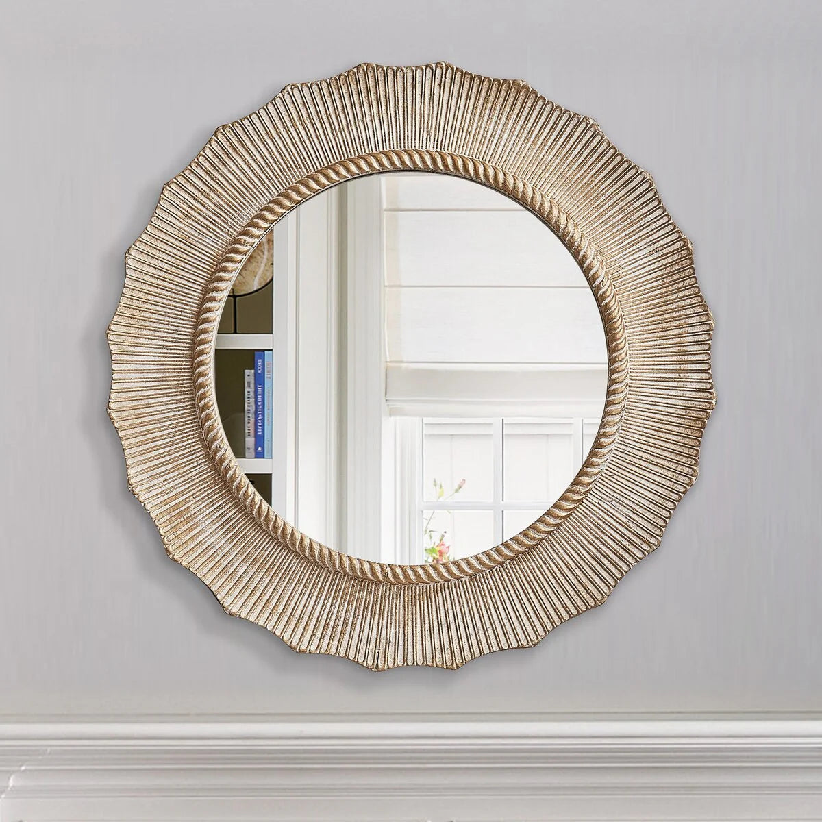 30 Inch Bohemian Beige Round Wood Bathroom Vanity Wall Mirror