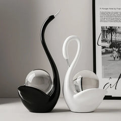 Modern Ceramic Swan Figurine with Glass Sphere Decorative Sculpture for Home Tabletop Decor
