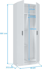 Habitdesign Multi-Purpose Wardrobe, Broom 2 Doors 3 Shelves, 180 x 73 x 37 cm (H x W x D – cm), Matt White