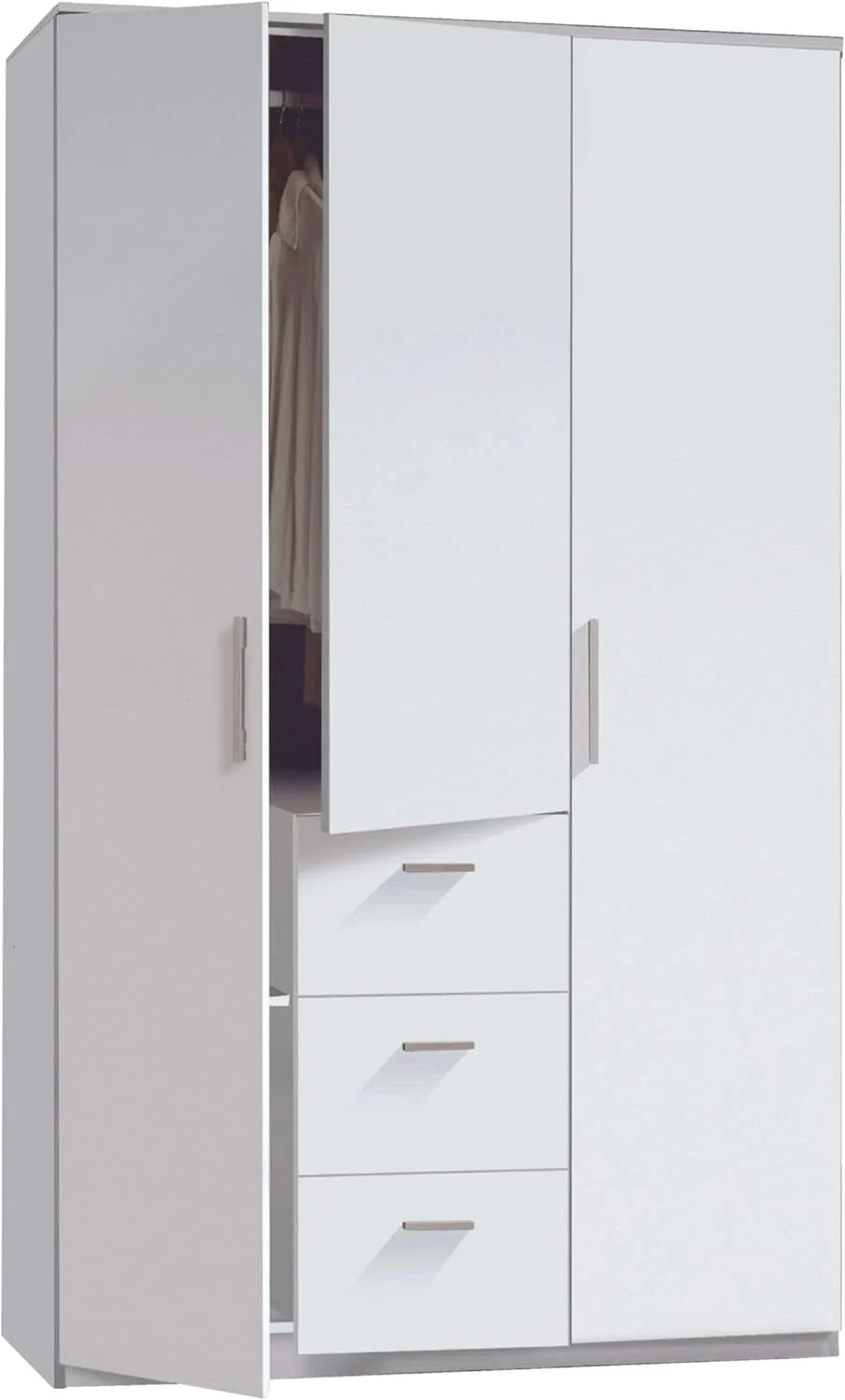 Habitdesign Armario Ropero 3 Puertas y 3 cajones, 203x117x52 (AltoxAnchoxFondo - en Cm), con Barra Colgadora y Estantes, Color Blanco Brillo
