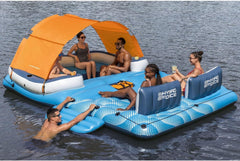 Tropical Breeze 6 Person Inflatable Party Island Large Relaxing Water Float with Detachable Sunshade and Cooler Bag