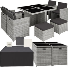 tectake Lounge Möbel Set 4X Stühle, 4X Hocker, 1x Tisch, platzsparende Cube Aufbewahrung, Outdoor Rattan Gartenmöbel für Balkon, Garten und Terrasse,