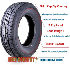 Set of 4 ST205/75R15 10-Ply Load Range E Steel-Belted Radial Trailer Tires with Scuff Guard