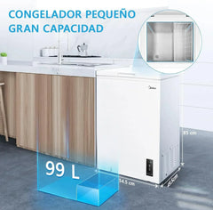 MIDEA Arcon Congelador Pequeño Horizontal de 99L, Motor Inverter, Control Electrónico de Temperatura, Tecnologia D-TYPE Tube, Cestas con Asa, Easy
