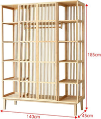 [en.casa] Armario para Ropa con 2 Puertas Deslizantes Clóset con 12 Estantes y 1 Barra de Colgar Perchero de Bambú 185 x 140 x 45 cm Natural