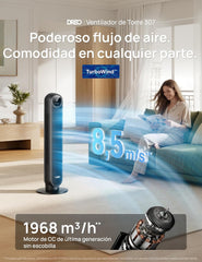 Dreo 20dB Ventilador de Pie Silencioso, Ventiladores de Torre con Velocidad de 7,6 m/s, 4 Velocidades, Rotación de 90°, Temporizador de 8 Horas,