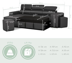 BUDWING John Sofá Cama Esquinero 4 Plazas - Chaise Longue Reversible, Reposacabezas Ajustable y 2 Pufs – Tapizado en Poliuretano – Estilo Moderno –