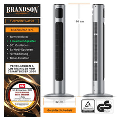 Brandson - Turmventilator mit Fernbedienung 96 cm - Preisträger 2026 - mobiler Lüfter leise - Standventilator Oszilation - 3 Geschwindigkeiten 3 Modi