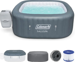 4 to 6 Person Inflatable Hot Tub Square Portable Outdoor Spa with 114 Soothing AirJets and Insulated Cover, Gray-Coleman