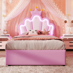 Kinderbett Polsterbett 90x200, Kronenförmiges Prinzessinnenbett, Einzelbett mit LED und 2 Schubladen, Bettgestell für Mädchen, mit Verstellbares