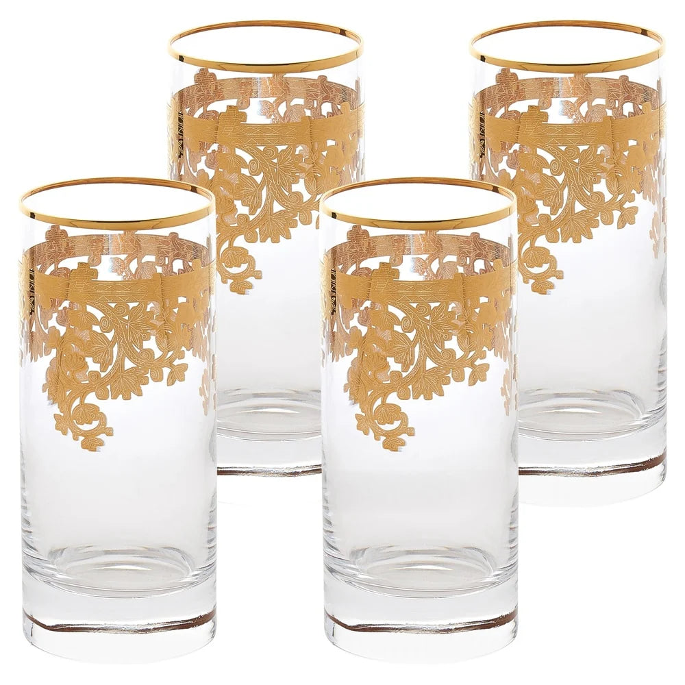 Set of 4 24K Gold Embellished Crystal Highball Tumblers, Made in Italy