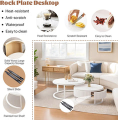 2er Set Couchtisch Rund Weiss 50+70cm Wohnzimmertisch Weiß Runder Couchtisch Mit Stauraum Marmor Beistelltisch Stabilem Metallgestel Satztische Fürs
