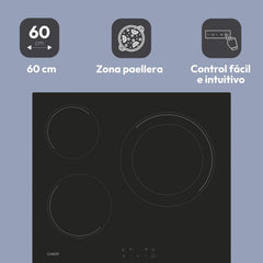 Candy CH63DCC Hob Ceramic Hob 60 cm, 3 Cooking Zones, Double 30 cm Paella Pan, Touch Control, 9 Power Levels, Safety System, Black